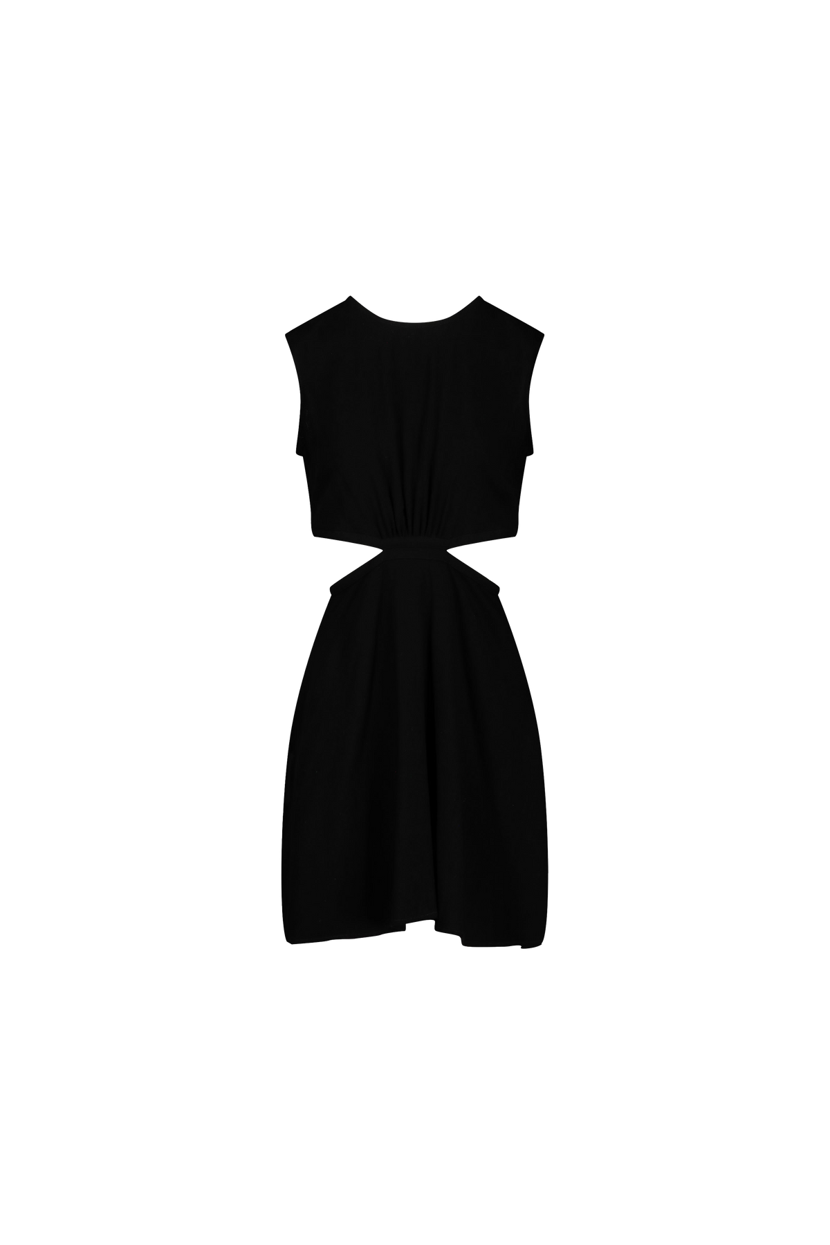 Short black dress with cutouts at the hips.